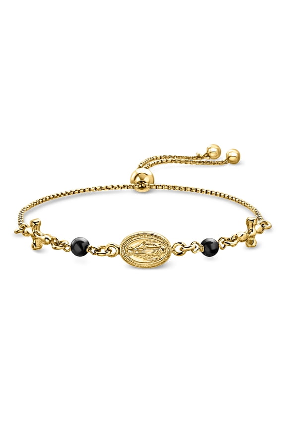 Italian 18kt Gold Over Sterling Miraculous Medal Bolo Bracelet With 4mm Onyx Beads, Women's, Adult