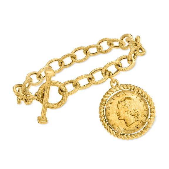 Ross-Simons Italian 18kt Gold Over Sterling Replica Lira Coin and Oval-Link Toggle Bracelet, Women's, Adult