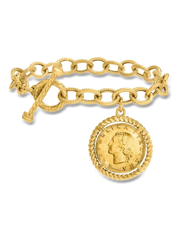 Italian 18kt Gold Over Sterling Replica Lira Coin and Oval-Link Toggle Bracelet, Women's, Adult