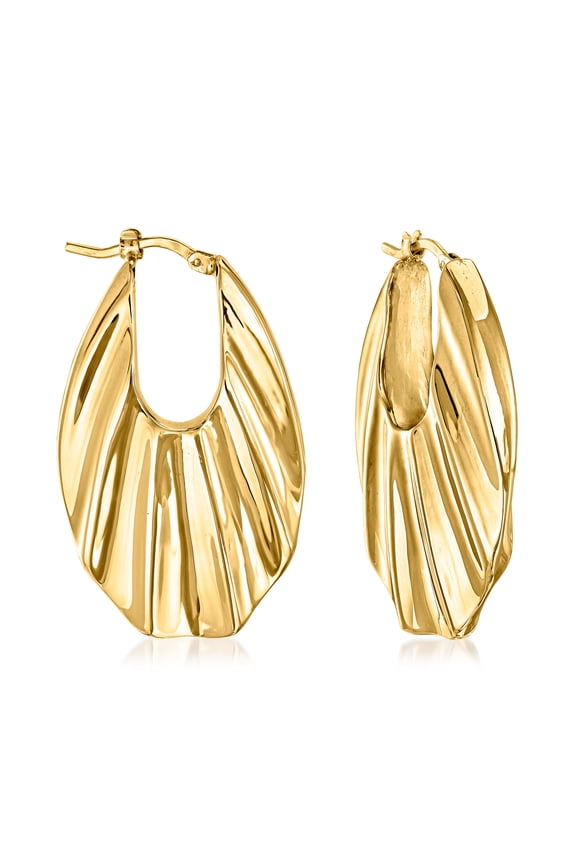 Italian 18kt Yellow Gold Ribbed Hoop Earrings, Women's, Adult