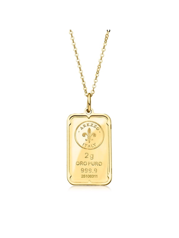 Italian 24kt Yellow Gold Fleur-De-Lis 2-Gram Ingot Pendant Necklace With 14kt Yellow Gold Frame, Women's, Adult