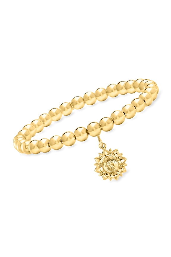 Italian 6mm 18kt Gold Over Sterling Bead Stretch Bracelet With Sunflower Charm, Women's, Adult