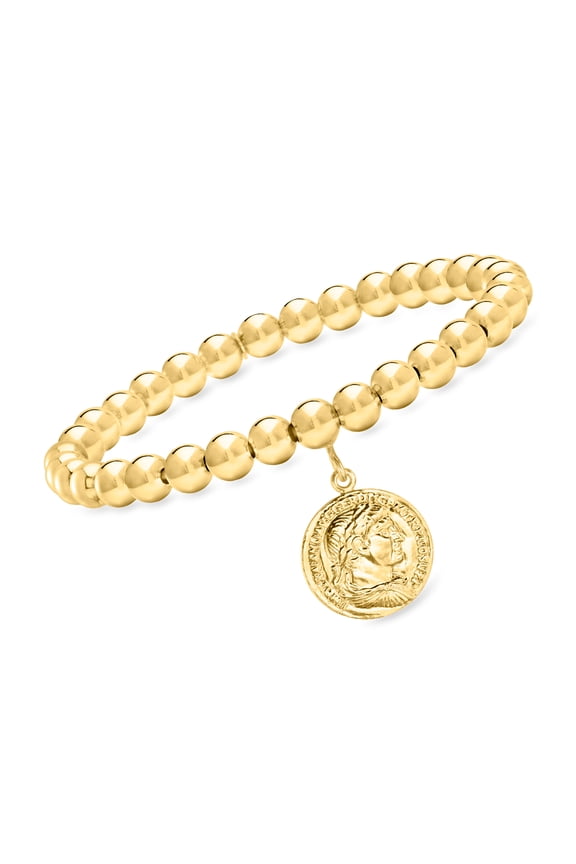 Italian 6mm 18kt Gold Over Sterling Stretch Bead Bracelet With Replica Lira Coin Charm, Women's, Adult
