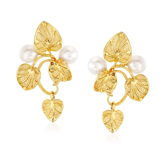 Ross-Simons Italian 6mm Cultured Pearl Vine Drop Earrings in 18kt Gold Over Sterling, Women's, Adult