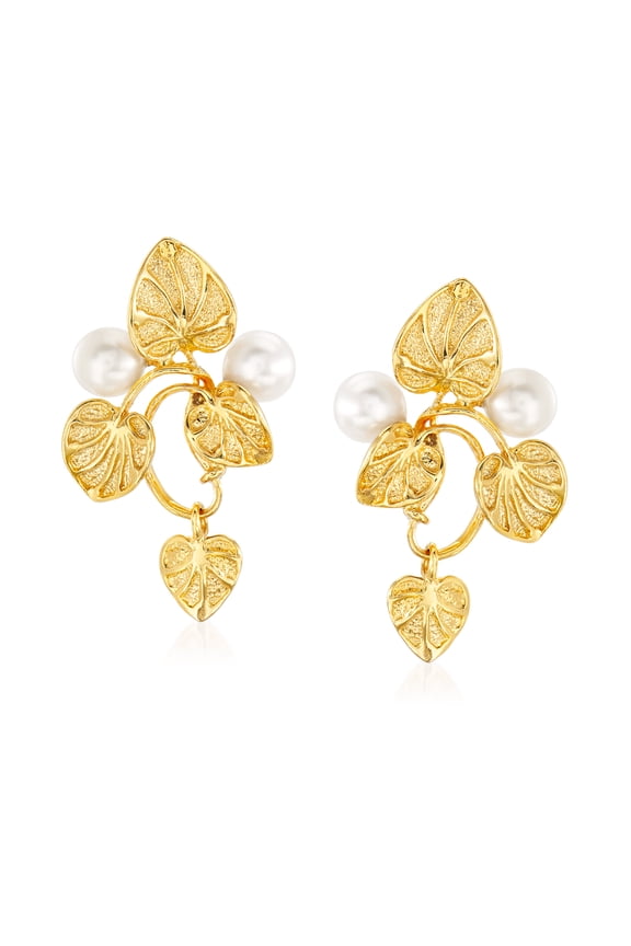 Italian 6mm Cultured Pearl Vine Drop Earrings in 18kt Gold Over Sterling, Women's, Adult