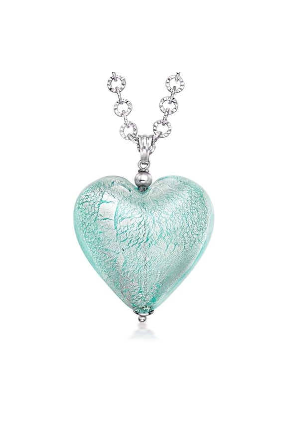 Italian Aqua-Blue Murano Glass Heart Necklace With Rhodium-Plated Chain, Women's, Adult