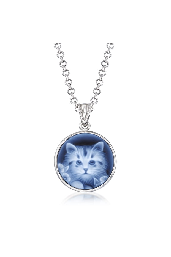 Italian Black Agate Cat Cameo Pendant Necklace in Sterling Silver, Women's, Adult
