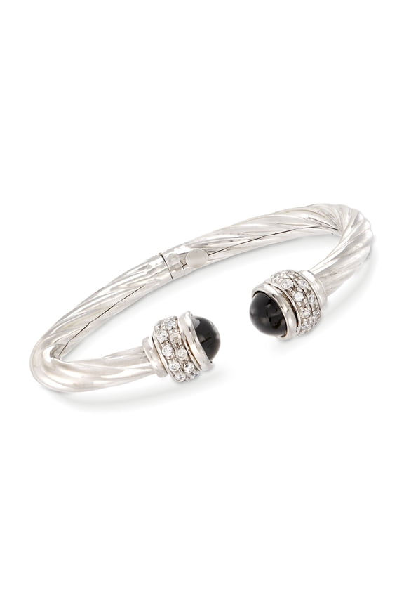Italian Black Onyx and 1.30 ct. t.w. CZ Twisted Cuff Bracelet in Sterling Silver, Women's, Adult