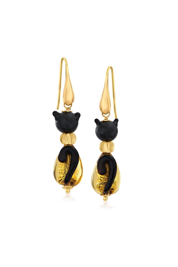 Italian Black and Golden-Hued Murano Glass Bead Cat Drop Earrings With 18kt Gold Over Sterling, Women's, Adult