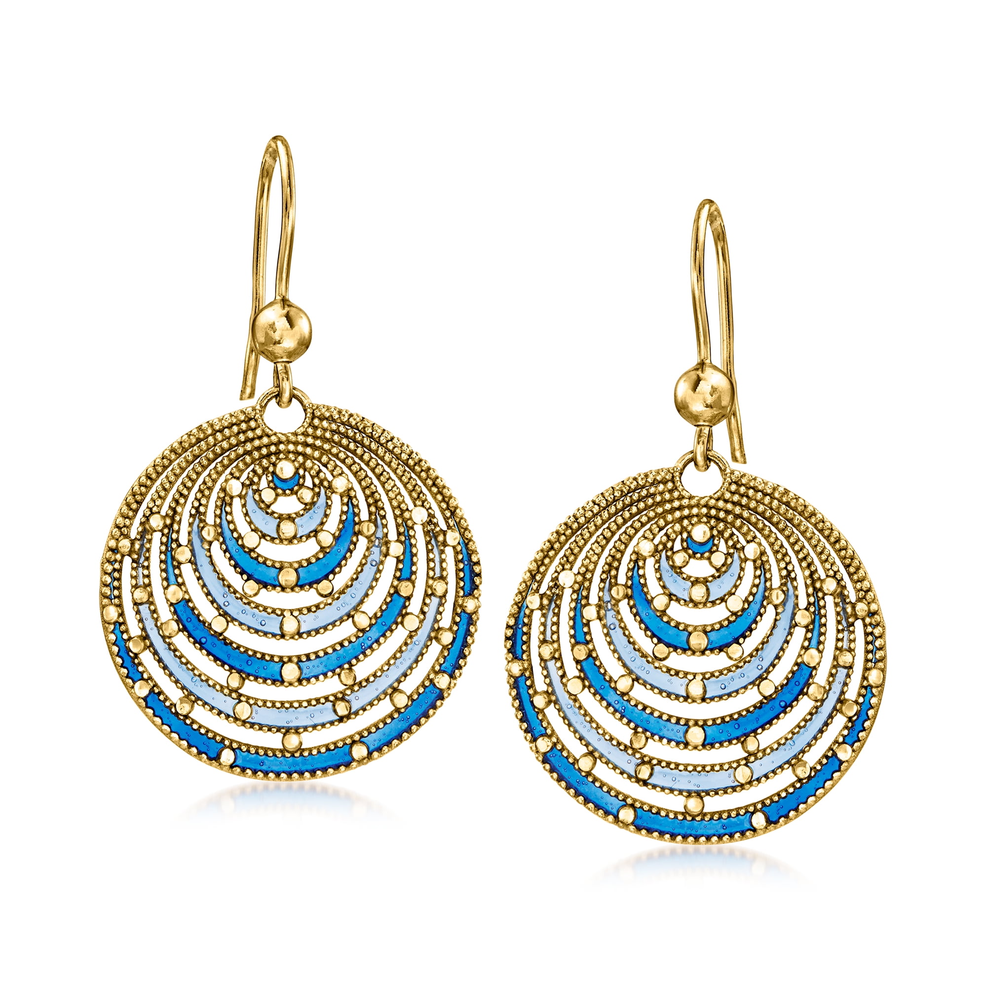 Ross-Simons Italian Blue Enamel Circle Drop Earrings in 18kt Gold Over Sterling, Women's, Adult