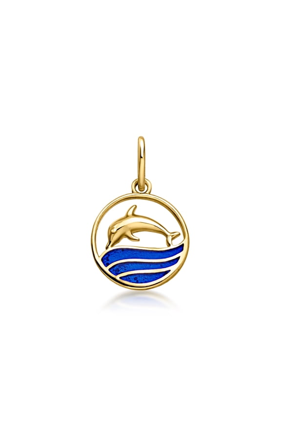 Italian Blue Enamel Dolphin Charm in 10kt Yellow Gold, Women's, Adult