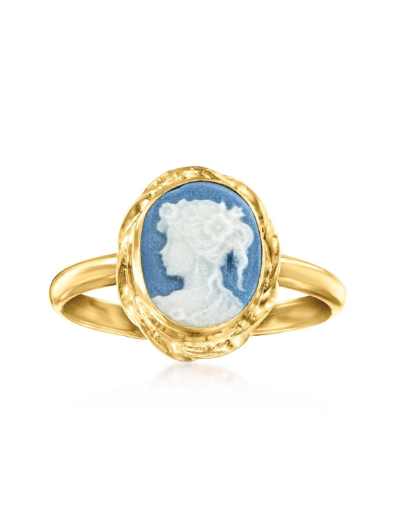 Italian Blue Porcelain Cameo Ring in 18kt Gold Over Sterling, Women's, Adult