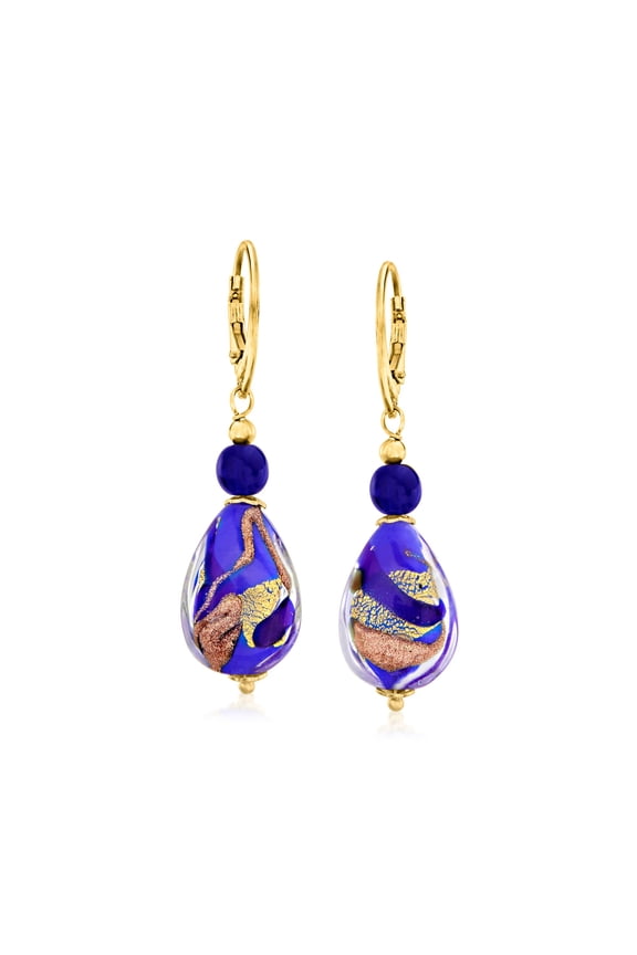 Italian Blue and Goldtone Murano Glass Drop Earrings in 18kt Gold Over Sterling, Women's, Adult