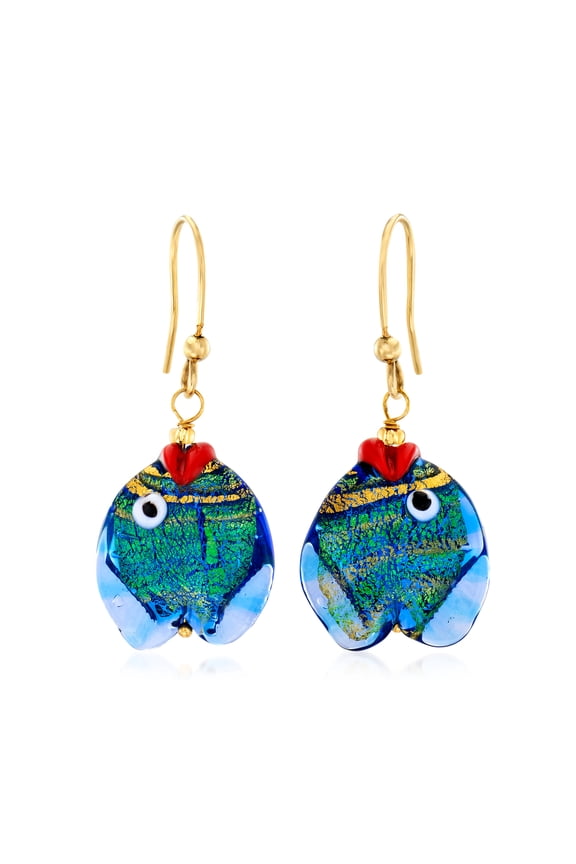 Italian Blue and Green Murano Glass Fish Drop Earrings With 18kt Gold Over Sterling, Women's, Adult