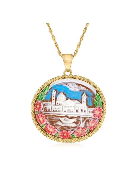 Italian Brown Shell Cameo San Marco Square Pendant Necklace With Multicolored Enamel in 18kt Gold Over Sterling, Women's, Adult
