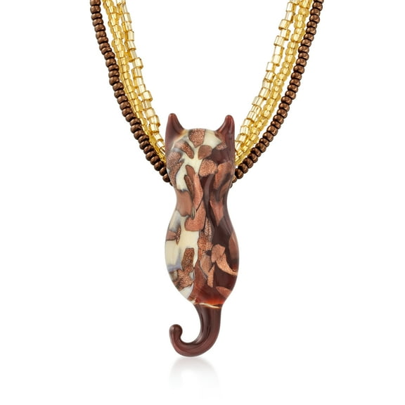 Ross-Simons Italian Brown and Gold Murano Glass Bead Cat Necklace With 18kt Gold Over Sterling, Women's, Adult