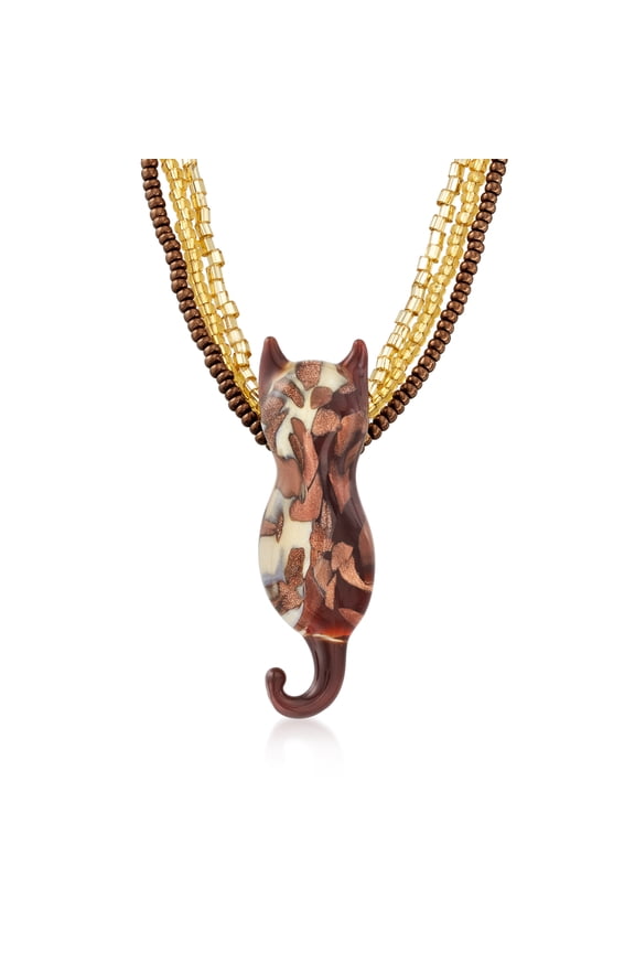 Italian Brown and Gold Murano Glass Bead Cat Necklace With 18kt Gold Over Sterling, Women's, Adult