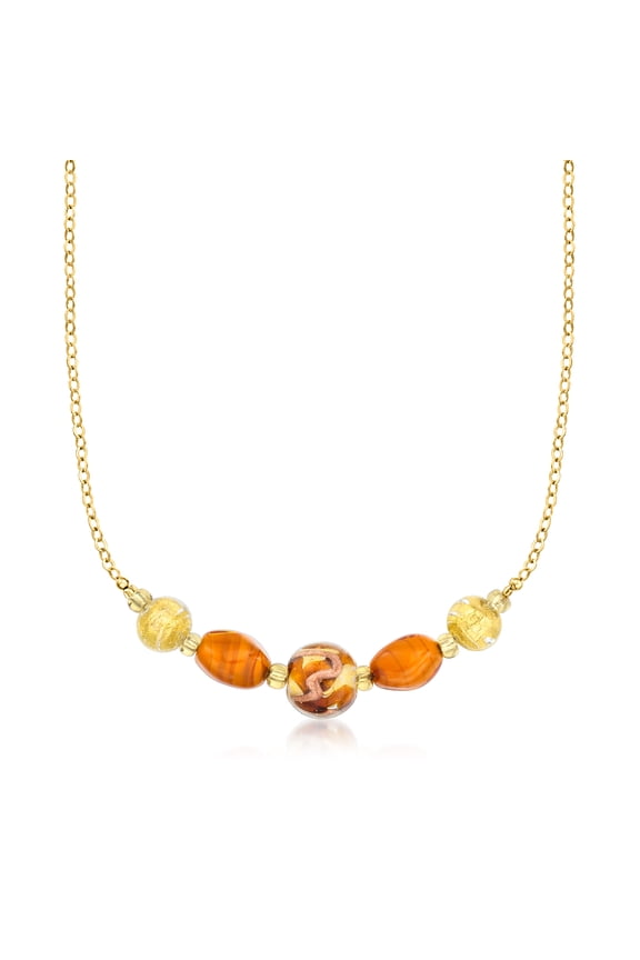 Italian Brown and Orange Murano Glass Bead Necklace in 18kt Gold Over Sterling, Women's, Adult