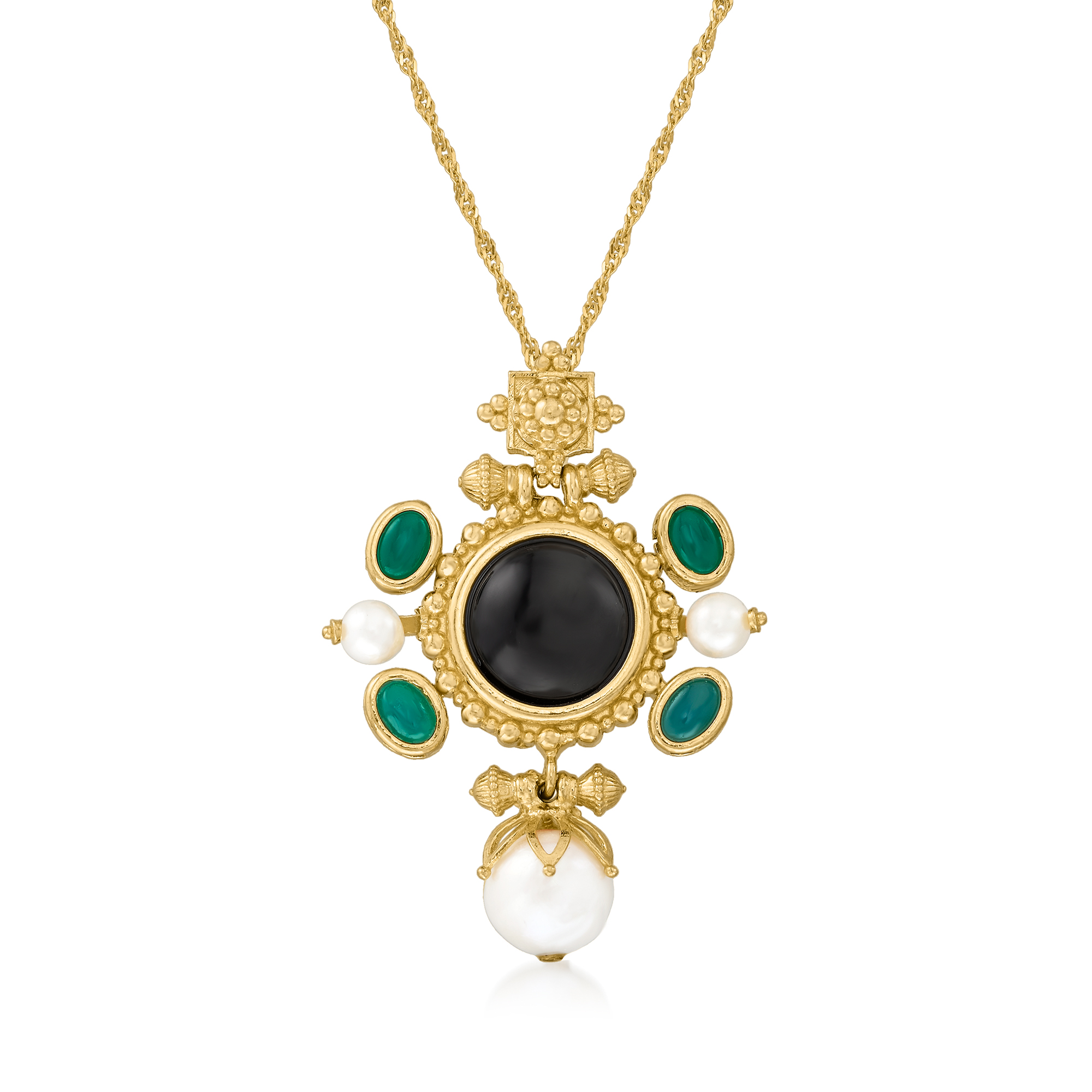 ROSS-SIMONS Italian Cultured Pearl, Black Onyx and Green Agate Pendant Necklace in 18kt Gold Over Sterling Silver, Women's, Adult