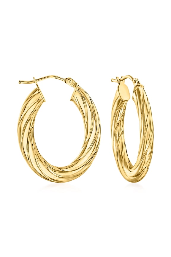 Italian Fluted 14kt Yellow Gold Oval Hoop Earrings, Women's, Adult