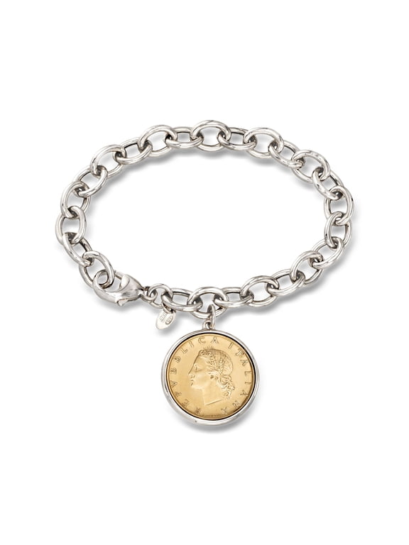 Italian Genuine 20-Lira Coin Charm Bracelet in Sterling Silver, Women's, Adult