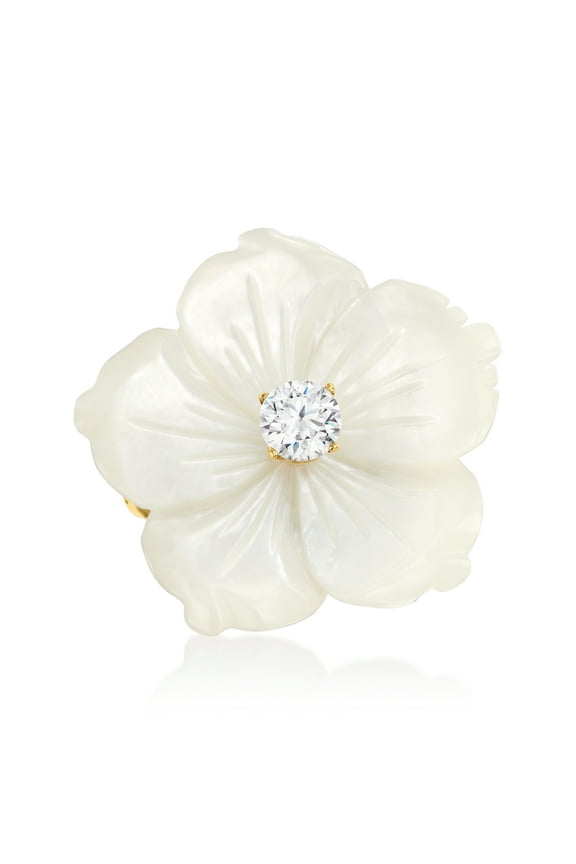 Italian Mother-Of-Pearl and .30 Carat CZ Flower Ring in 18kt Gold Over Sterling, Women's, Adult