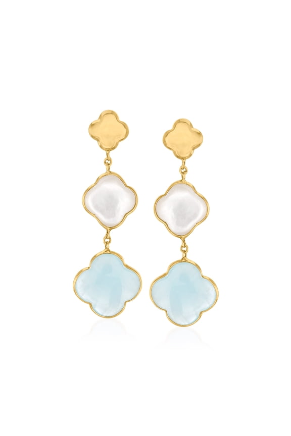 Italian Mother-Of-Pearl and 5.00 ct. t.w. Aquamarine Clover Drop Earrings in 14kt Yellow Gold, Women's, Adult