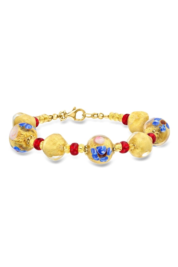 Italian Multicolored Murano Glass Floral Bead Bracelet With 18kt Gold Over Sterling, Women's, Adult