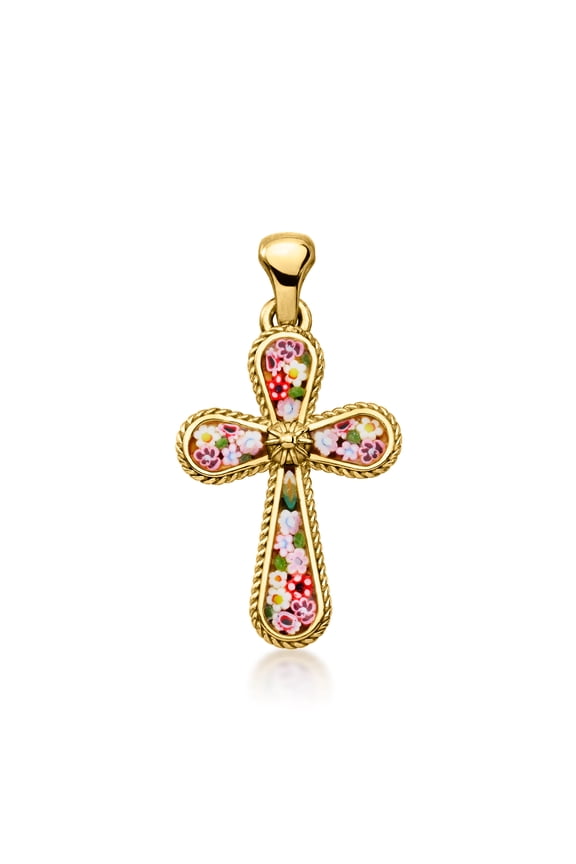 Italian Multicolored Murano Glass Floral Mosaic Cross Pendant in 18kt Gold Over Sterling, Women's, Adult