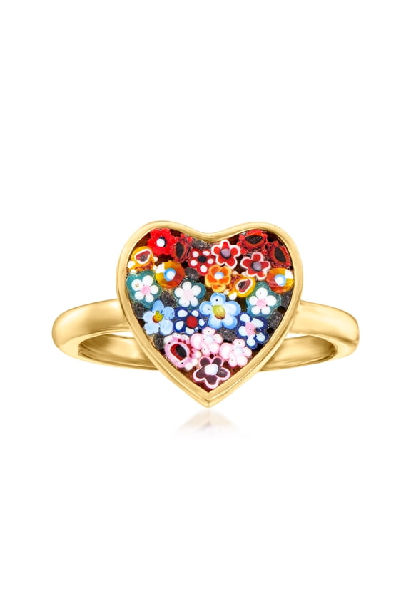 Italian Multicolored Murano Glass Mosaic Floral Heart Ring in 18kt Gold Over Sterling, Women's, Adult