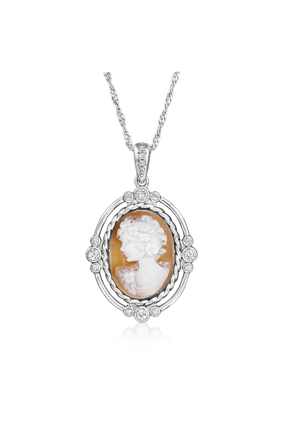 Italian Orange Agate Cameo Pendant Necklace With .30 ct. t.w. Czs in Sterling Silver, Women's, Adult