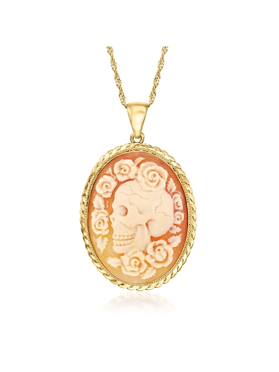 Italian Orange Shell Floral Skull Cameo Pendant Necklace in 18kt Gold Over Sterling, Women's, Adult