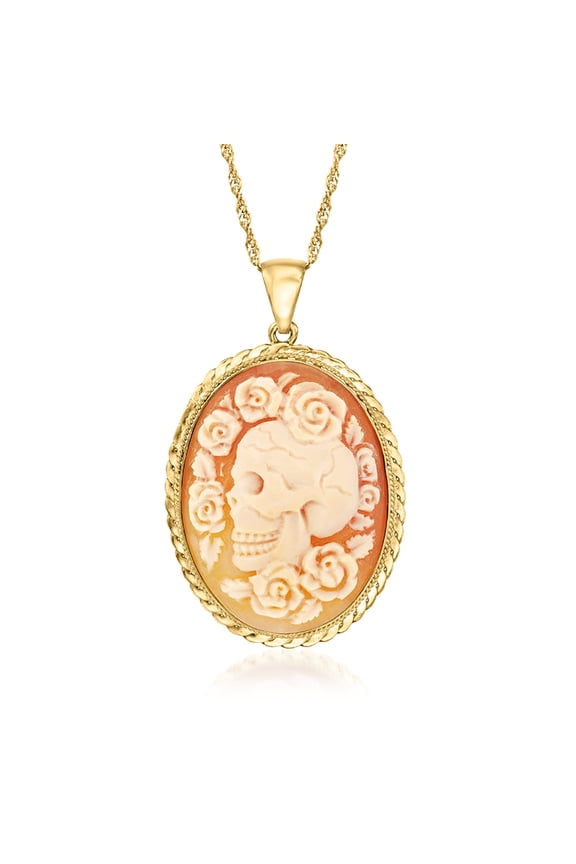 Italian Orange Shell Floral Skull Cameo Pendant Necklace in 18kt Gold Over Sterling, Women's, Adult
