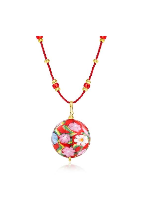 Italian Red Murano Glass Floral Disc Pendant Necklace With 18kt Gold Over Sterling, Women's, Adult