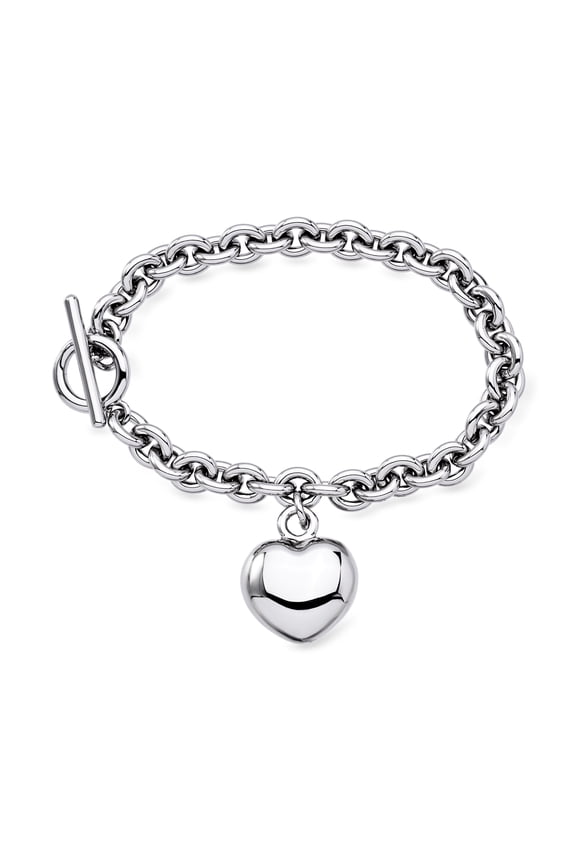 Italian Rhodium-Plated Puffed Heart Toggle Bracelet, Women's, Adult