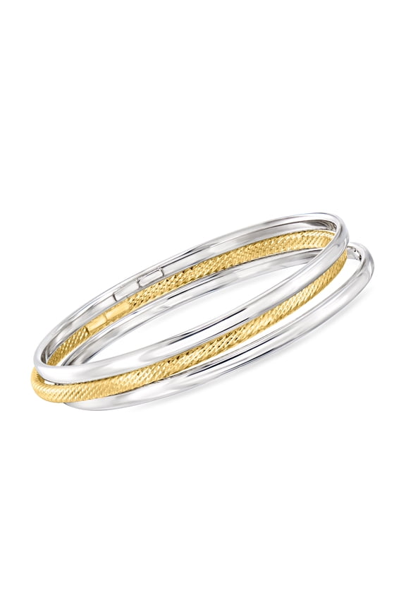 Italian Sterling Silver and 18kt Gold Over Sterling Jewelry Set: 3 Bangle Bracelets, Women's, Adult