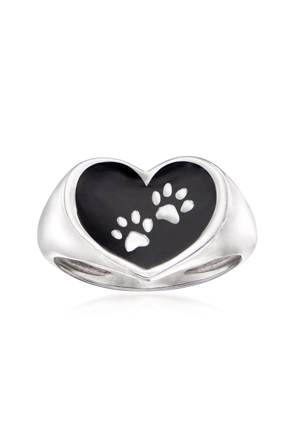 Italian Sterling Silver and Black Enamel Paw Print Heart Ring, Women's, Adult