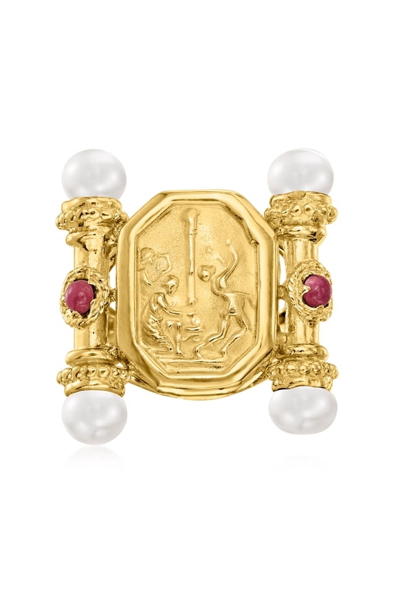 Italian Tagliamonte 5-5.5mm Cultured Pearl and .40 ct. t.w. Ruby Cameo-Style Ring in 18kt Gold Over Sterling, Women's, Adult