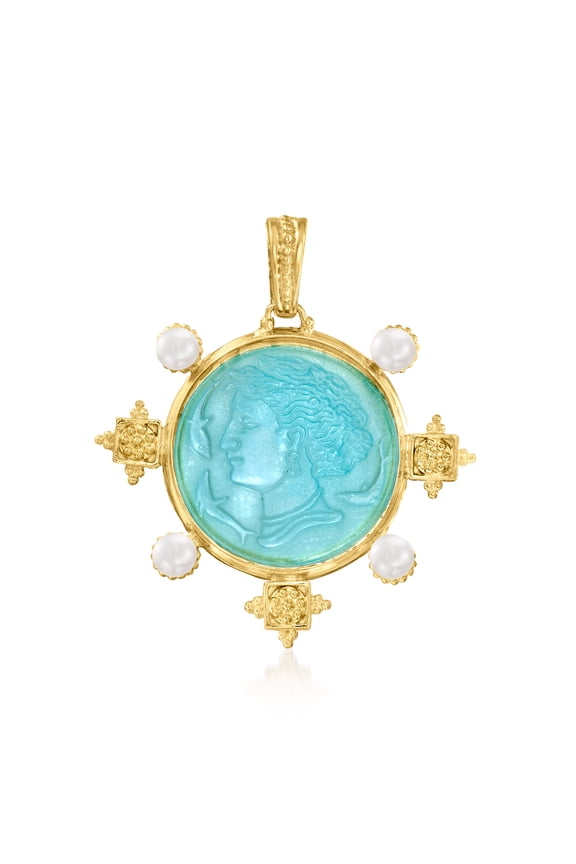 Italian Tagliamonte Blue Venetian Glass Pendant With 5-6mm Cultured Pearls in 18kt Gold Over Sterling, Women's, Adult
