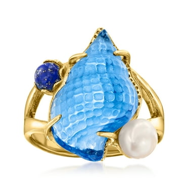 Ross-Simons Italian Tagliamonte Blue Venetian Glass Seashell Ring With Lapis and 5.5-6mm Cultured Pearl in 18kt Gold Over Sterling, Women's, Adult