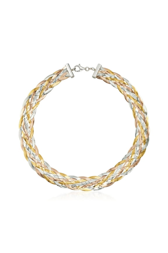 Italian Tri-Colored Sterling Silver Braided Herringbone Collar Necklace, Women's, Adult
