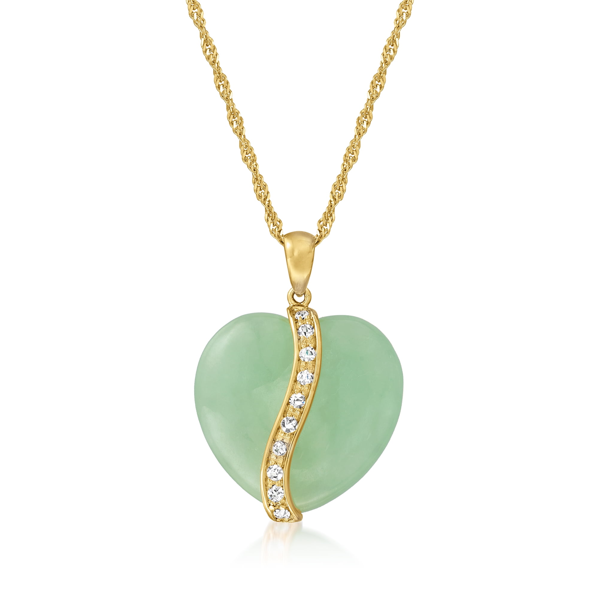 Ross-Simons Jade Heart Pendant Necklace With .37 ct. t.w. White Sapphires in 18kt Gold Over Sterling, Women's, Adult