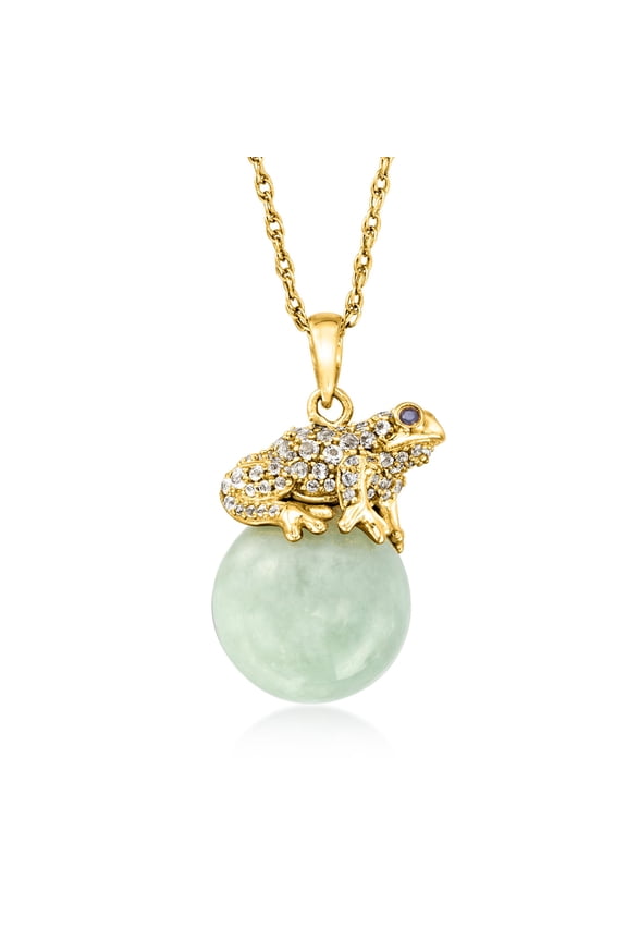 Jade and .60 ct. t.w. White Topaz Frog Pendant Necklace With Black Sapphires in 18kt Gold Over Sterling, Women's, Adult