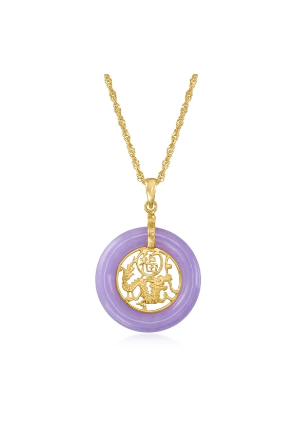 Lavender Jade "Good Fortune" Chinese Symbol Circle Pendant Necklace in 18kt Gold Over Sterling, Women's, Adult