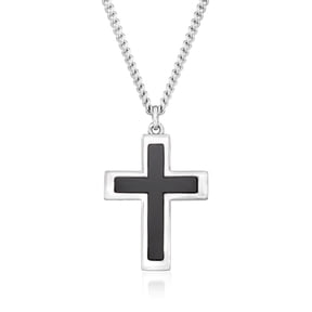 Ross-Simons Men's Black Onyx and Sterling Silver Cross Pendant Necklace for Male, Adult