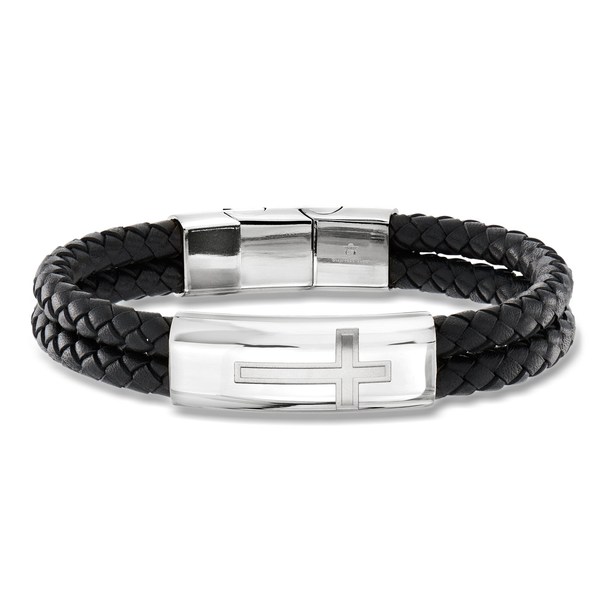 Ross-Simons Men's Stainless Steel Cross Bracelet With Black Leather for Male, Adult