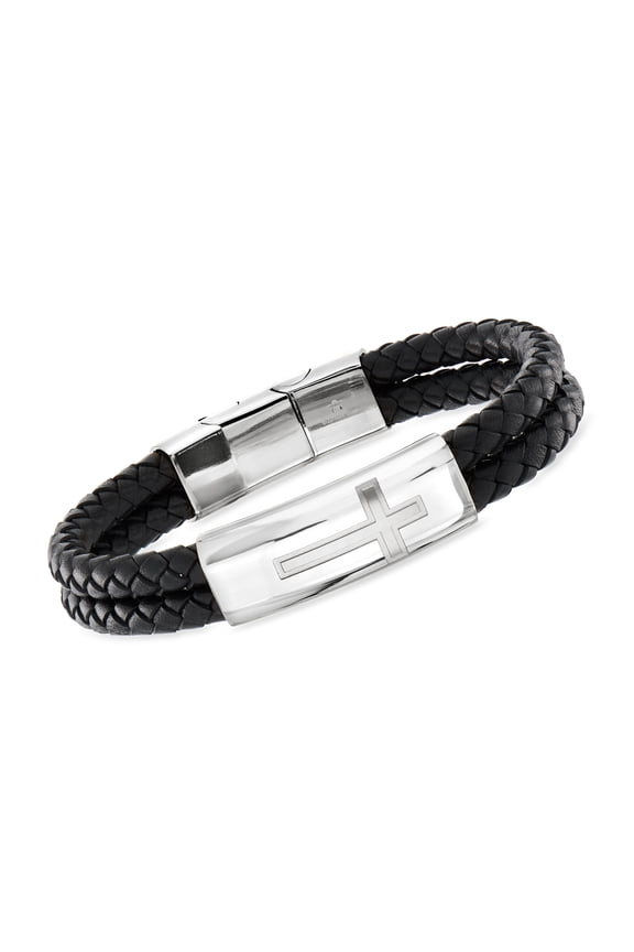 Men's Stainless Steel Cross Bracelet With Black Leather for Male, Adult