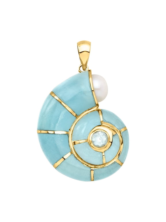 Milky Aquamarine and .30 Carat Blue Topaz Snail Shell Pendant With Cultured Pearl in 14kt Yellow Gold, Women's, Adult