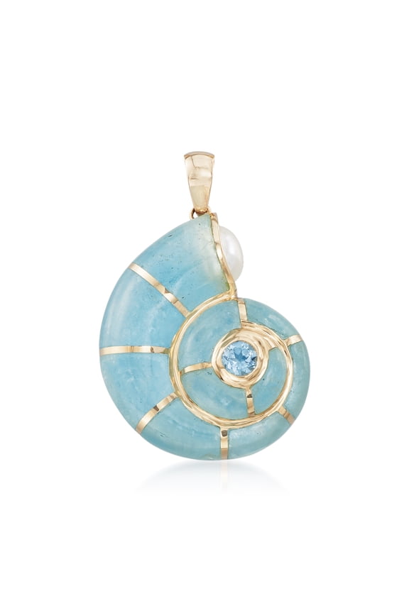 Milky Aquamarine and .30 Carat Blue Topaz Snail Shell Pendant With Cultured Pearl in 14kt Yellow Gold, Women's, Adult