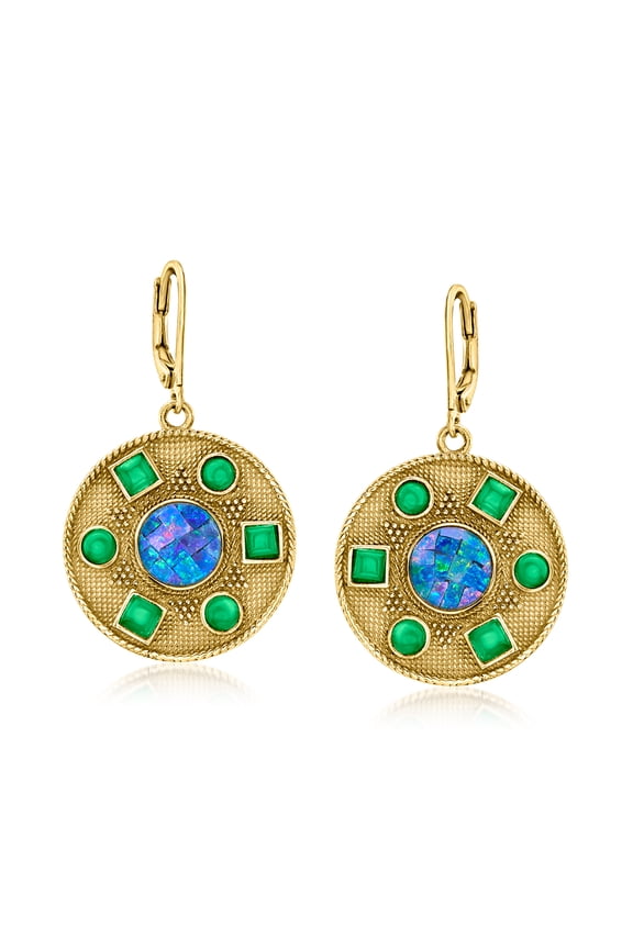 Mosaic Black Opal Triplet Drop Earrings With Green Agate in 18kt Gold Over Sterling, Women's, Adult
